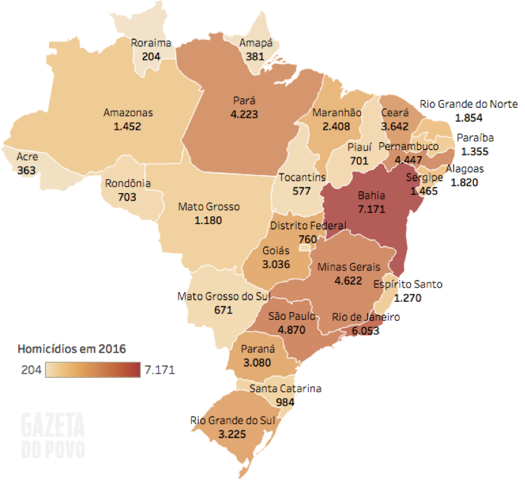 Mapa dos Homicídios  no Brasil em 2016 – Atlas da violência 2018 – Gazeta do Povo