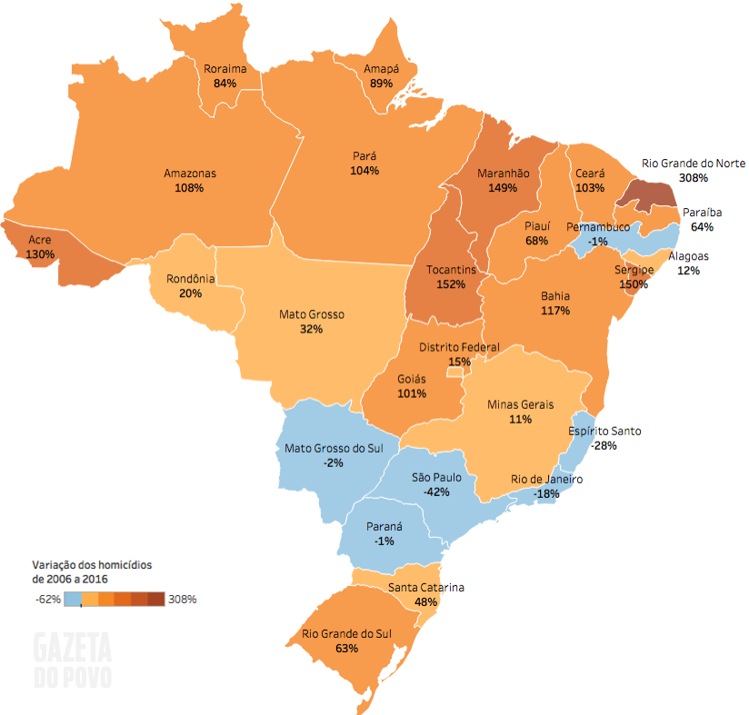 Mapa da evolução dos homicídios no Brasil de 2006 a 2016 – Atlas da violência 2018 – Gazeta do Povo