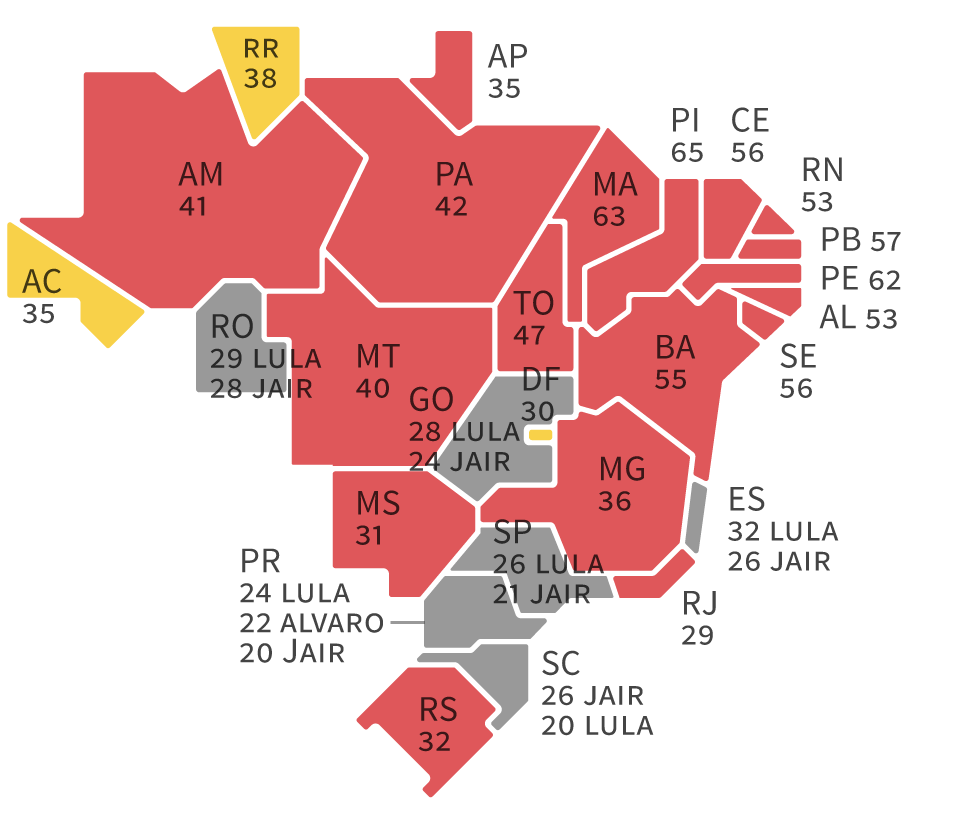 Infográfico: Mapa do Ibope para presidente no Brasil – Bolsonaro (em amarelo) x Lula (em vermelho): quem ganha a disputa nos estados, segundo as pesquisas eleitorais para presidente realizadas pelo Ibope nos estados em agosto/2018 – Eleições 2018 – Gazeta do Povo
