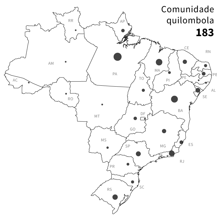 Infográfico: mapa das áreas de risco de conflito socioambientais no Brasil: 183 comunidades quilombolas próximas à atividades de mineração