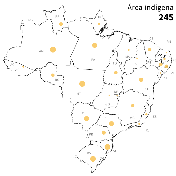 Infográfico: mapa das áreas de risco de conflito socioambientais no Brasil: 245 áreas indígenas próximas à atividades de mineração