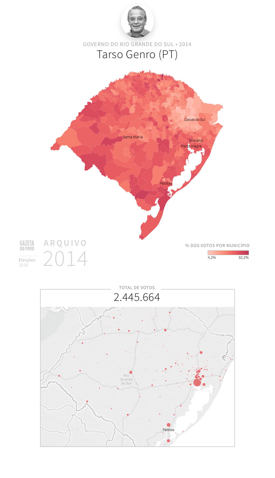 
	 	Desempenho do PT no Rio Grande do Sul em 2014, na eleição para governador do Rio Grande do Sul. Em % do total de votos em cada município.
     