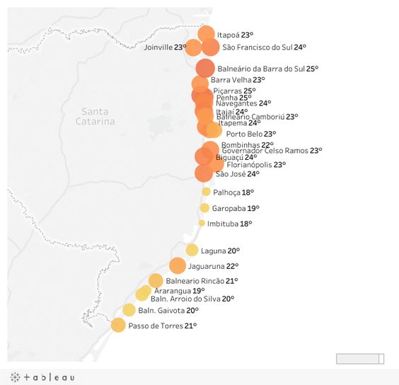 Mapa das praias mais quentes em Santa Catarina: média da temperatura da água do mar por cidade. Em dezembro de 2018