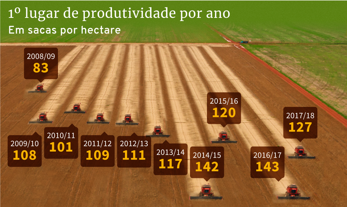 Infográfico: recordes anuais de produtividade no Desafio da Soja, desde a safra 2008/2009 até a 2017/2018