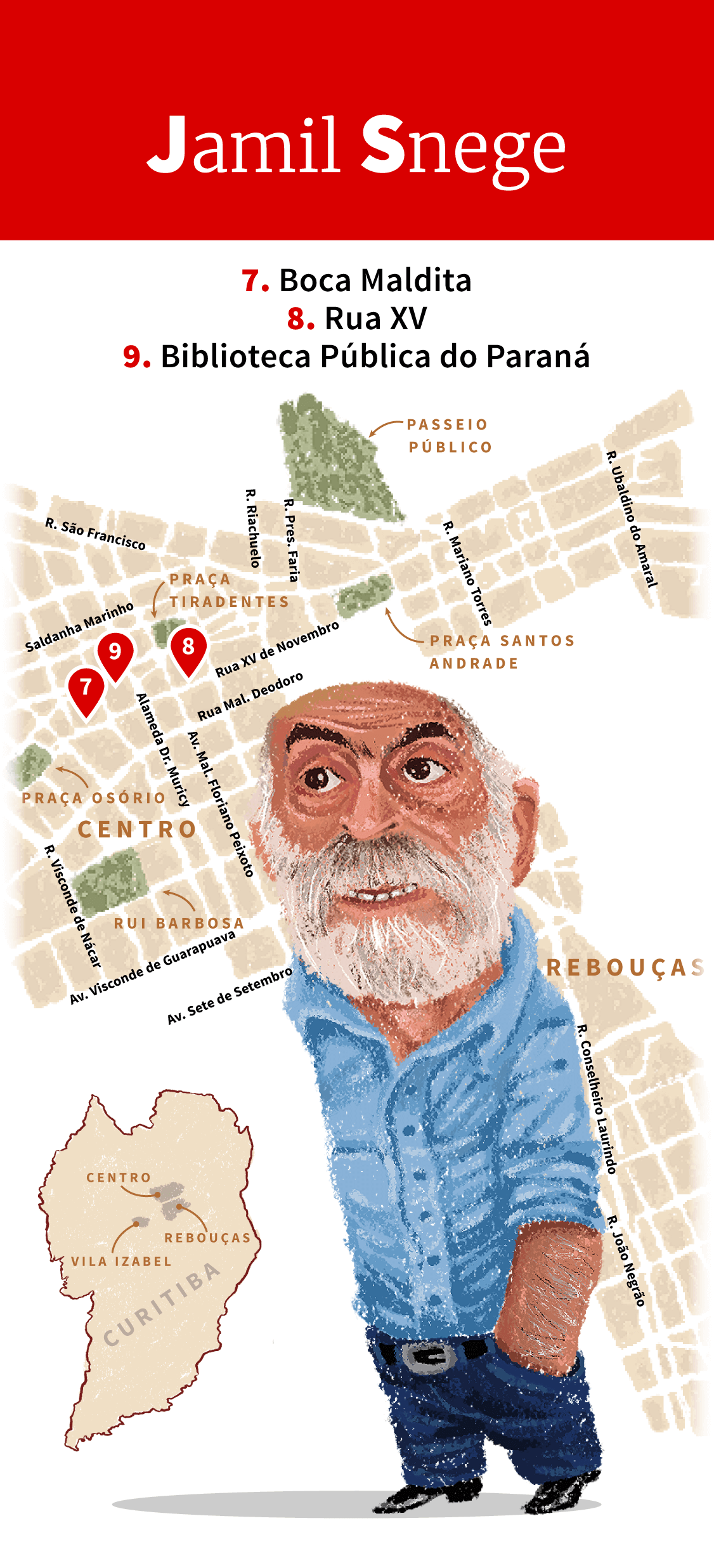 Infográfico: Locais de inspiração de Jamil Snege em Curitiba