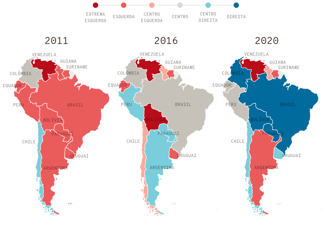 Mapa de esquerda e direita: mudanças políticas na América Latina de 2011 a 2020