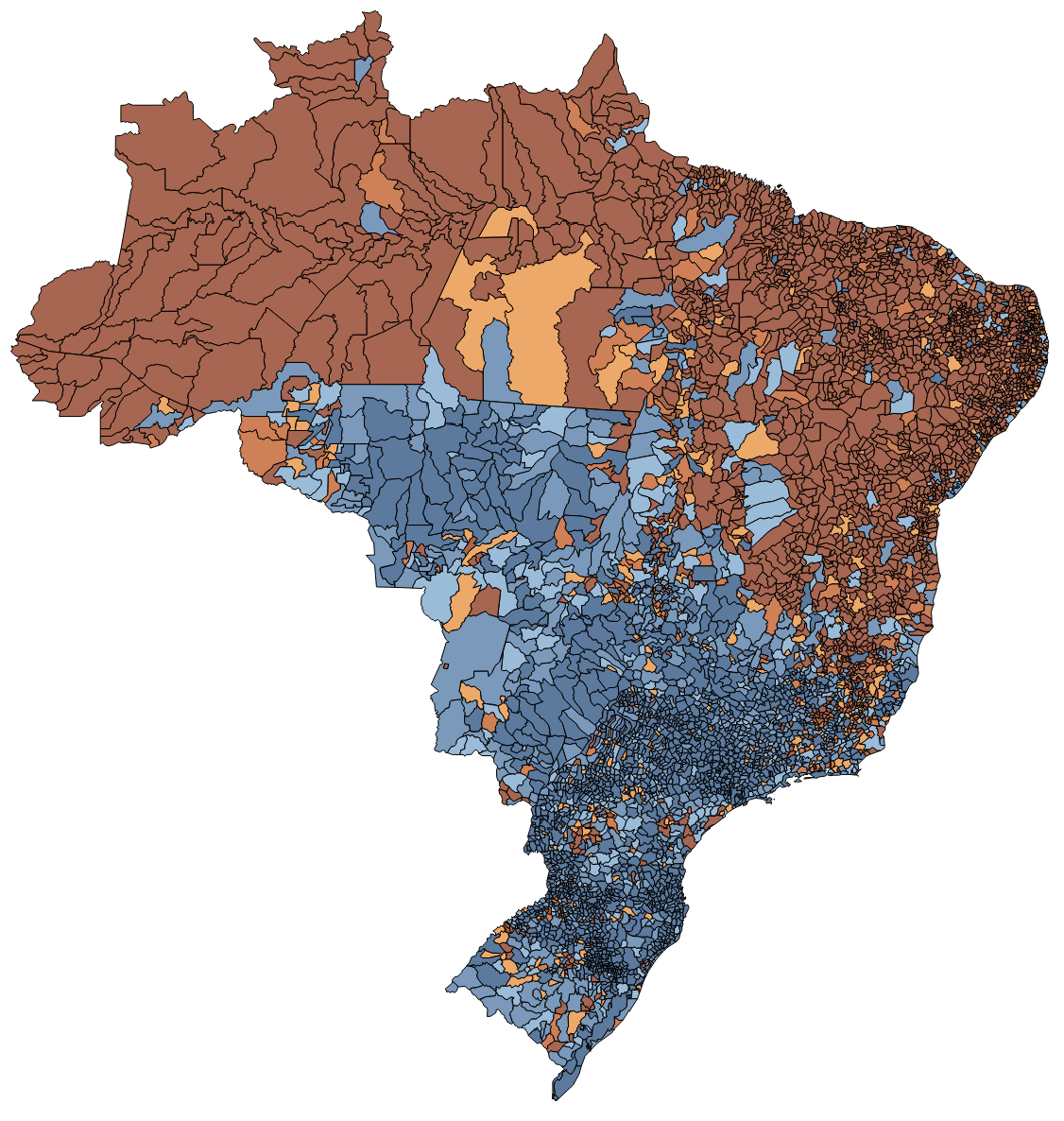 Mapa de municípios brasileiros da relação entre empregados formais e beneficiários do Auxílio Brasil