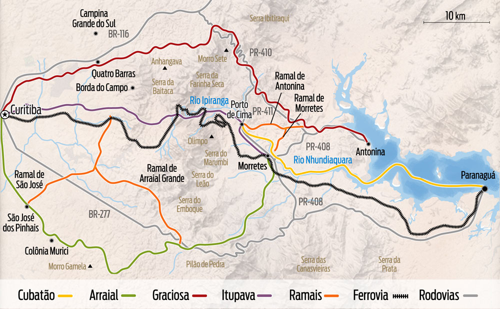 Mapa - Caminhos da estrada de ferro no Paraná